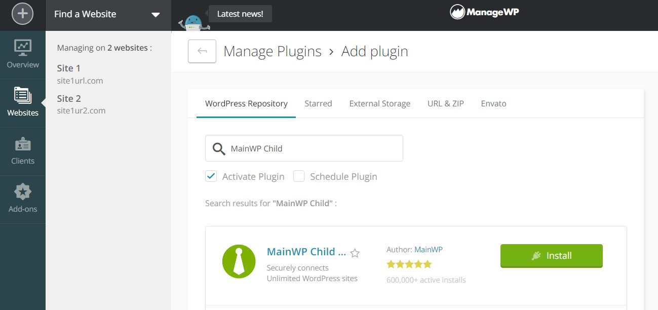 Bulk Install MainWP on ManageWP Sites