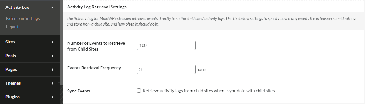 Child sites activity log retrieval settings