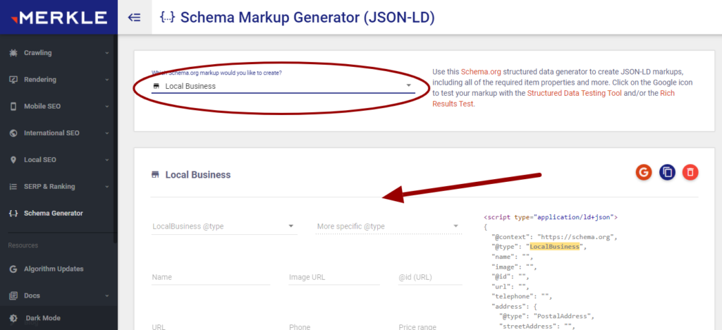 Screenshot: Schema Markup Generator - Merkle