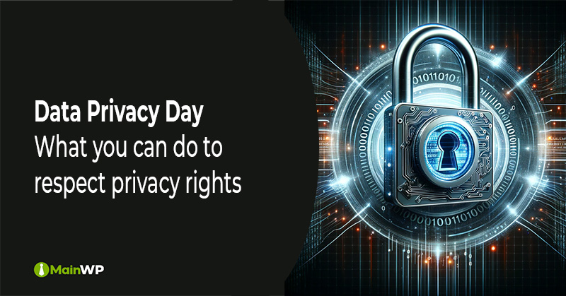 Title Featured Image stating "Data Privacy Day". There is a photo of a Digital lock symbolizing data security, superimposed on a dynamic background with flowing streams of binary code, representing the protection of digital information in the digital age.