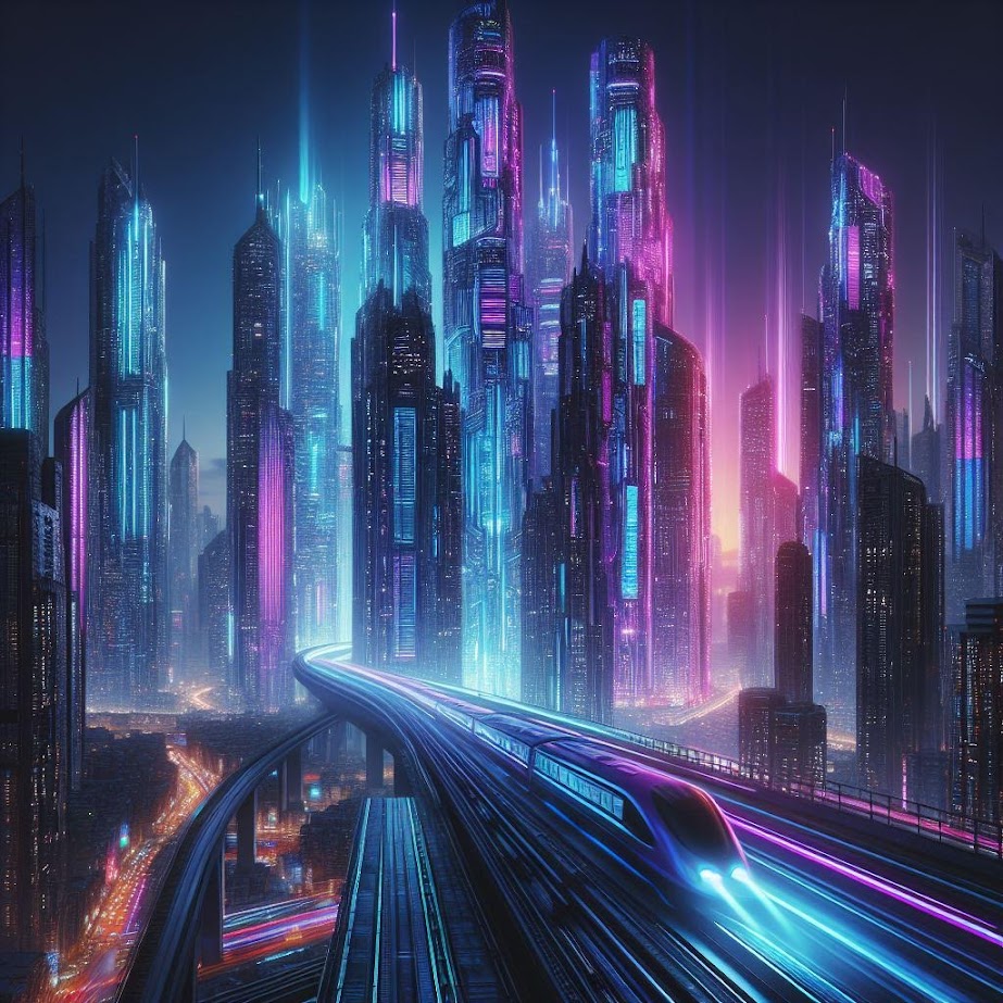 Futuristic cityscape with neon-lit skyscrapers and a high-speed train, illustrating advanced urban development and transportation technology. The image features vibrant blue and pink lighting that casts a glow over the modern architecture, evoking a sense of rapid progress and innovation. This visual metaphor is suitable for a blog post discussing cutting-edge strategies for optimizing website speed, mirroring the efficiency and forward-thinking of the city's design.